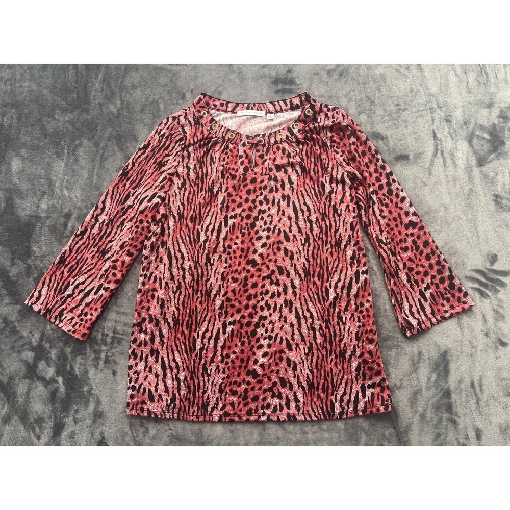 Notations Tunic Top Womens Small Pink Black Stretch Animal Print Keyhole Neck